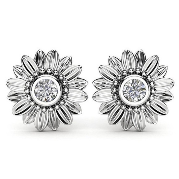 ¥ DIAMOND STERLING SILVER SUNFLOWER STUD EARRINGS - Picture 1 of 3